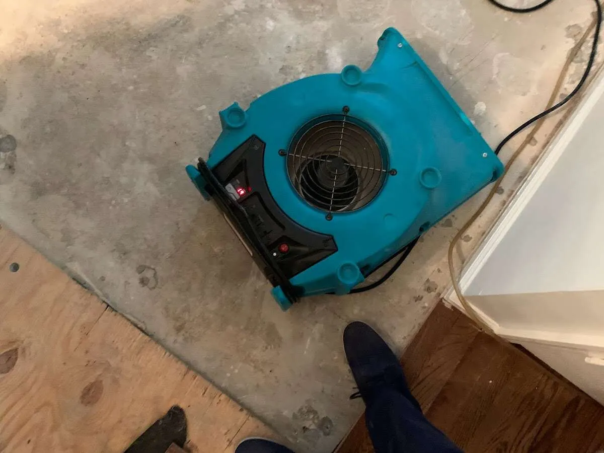 Air mover drying subfloor during Commercial Water Damage Restoration in Parkland